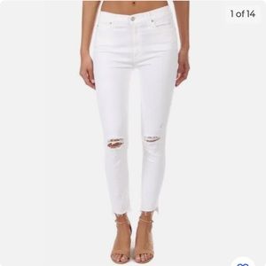 Mother denim Stunner Zip Ankle Step Fray jeans in little miss innocent style.